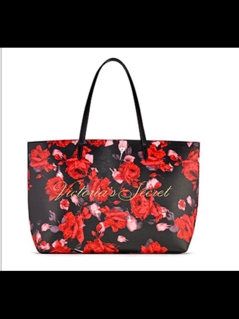 Victoria's Secret Black Floral Tote Bag with Red Roses